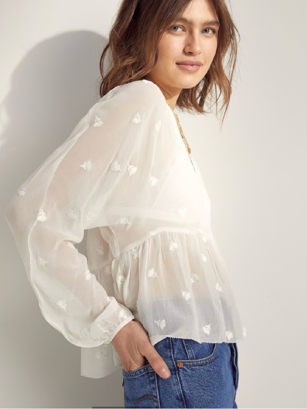Aritzia Wilfred Embroidered Peplum Blouse Pink Floral Babydoll Size Large - Picture 4 of 13